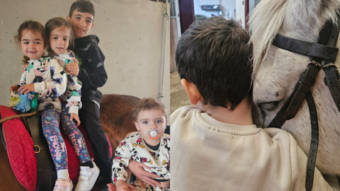 Los hermanos Bravo: Sergio, Dulce, Neymara y Manu, quienes padecenuna enfermedad ultrarara llamada GNBEA (i).Leo y su caballo Duque (d)