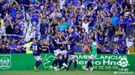 Los jugadores del Oviedo celebran junto a la aficin azul el gol de Borja Bastn