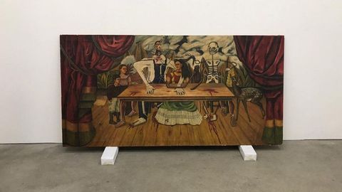The Wounded Table is in London, in a high-security vault that belongs to a private collection. The photo corresponds to the current status of the painting