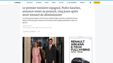 Frgil coalicin. Pedro Snchez anuncia que permanecer en el poder cinco das despus de amenazar con dimitir, escribe el diario francs Le Monde, que destaca la frgil coalicin de Gobierno.