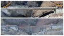 Imagen del antes y el después del viaducto pequeño en dirección Madrid, ya totalmente demolido, incluida la pila central