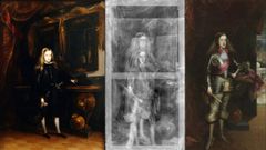 A la izquierda, el leo del museo asturiano, Carlos II a los diez aos. A la derecha el retrato del rey en el Museo del Prado, ambos de Carreo de Miranda. En el centro, la radiografa del segundo, que muestra una imagen original muy parecida a la del primero.