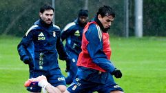 Nico Fonseca y Lucas Ahijado, en el entrenamiento del Real Oviedo