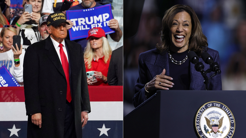 Imagen de los mtines de este domingo. A la izquierda Trump en su mtin de Macon (Georgia) y a la derecha, Kamala Harris durante el mtin en East Lansing, Mchigan