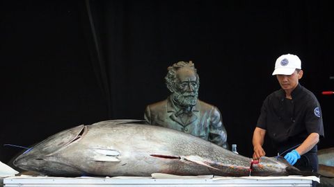 Foto de archivo de una jornada de iniciacin al ronqueo (troceado) de atn rojo celebrada en el Puerto de Vigo, en el Seafest del 2018