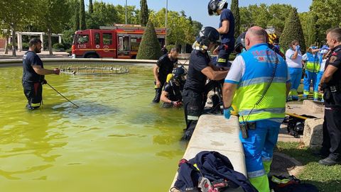 Bomberos de Mstoles trabajan en la fuente en la que pereci ahogado el joven