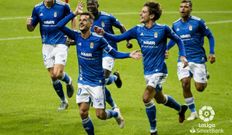 Tejera celebra su tanto en el derbi al Sporting junto a Sangalli, Nahuel, Obeng y Blanco Leschuk