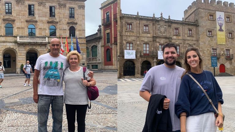 A la izquierda, Fernando Di Biasi y María Gracia Sacchi en la Plaza Mayor. A la derecha, Daniel Tejero y Cristina Sánchez, en la Plaza del Marqués
