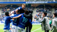 Los futbolistas azules celebran el gol de Rodri ante el Tenerife