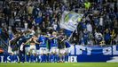Los futbolistas azules celebran la victoria ante el Albacete