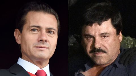 Imagen del expresidente mexicano Enrique Pea Nieto, a la izquierda, junto a a una fotografa dle Chapo Guzmn