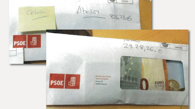 Foto de los sobres con membrete del PSOE que figuran en el informe de la UCO