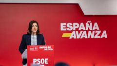 La portavoz de la Comisión Ejecutiva Federal del PSOE, Esther Peña, durante la rueda de prensa ofrecida este lunes en Madrid.