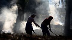 Dos mujeres limpian el monte en una quema controlada de rastrojos, en Lugo