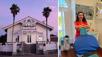 A la izquierda, la casa indiana del a&ntilde;o 1898 reconvertida en cl&iacute;nica dental; a la derecha, la doctora Mar&iacute;a Soto.
