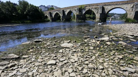 El río Miño muy bajo a la altura del puente romano de Lugo