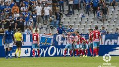 Los jugadores del Lugo celebran el empate en el Tartiere