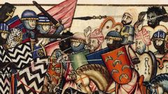 Ilustracin medieval de un enfrentamiento entre cristianos y musulmanes en la pennsula Ibrica