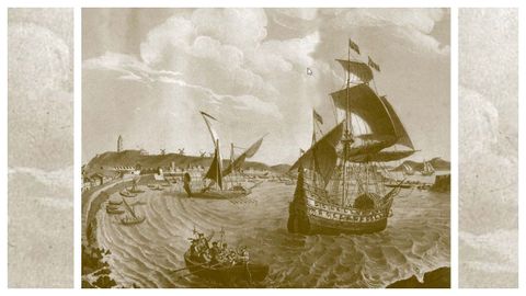 A armada de Garca Jofre de Loaysa sando da Corua cara s Molucas en 1525 (litografa de 1854).