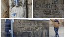 Imágenes de actos vandálicos en la Catedral de Santiago. Arriba a la izquierda, figura de la puerta de Praterías que fue pintada con un rotulador emulando al batería del grupo KISS. Se destinaron 12.000 euros en su restauración