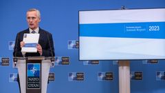 Jens Stoltenberg, durante la conferencia de prensa en la que present el informe anual de la OTAN del 2023.