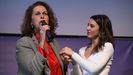 La política y activista de los derechos LGTBIQ+, Carla Antonelli, interviene junto a la ministra de Igualdad, Irene Montero, en el acto «Con todas, por todas», este sábado en Madrid.
