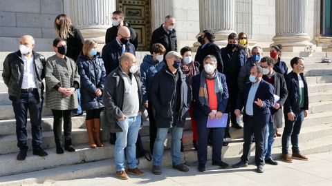 Foto de familia das organizacións cidadás e políticas que impulsaban a PNL a prol da igualdade das linguas tomada fronte ao Congreso