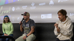 Los atletas asturianos�Andr�s Garc�a Blanco y Claudia Guti�rrez Lueje, junto con el �speaker� Rub�n Nembra durante la primera edici�n del �Trail Running Film Festival�