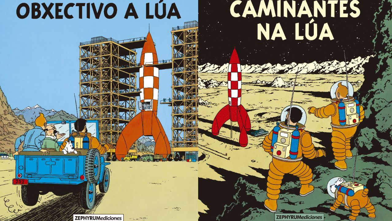 Detalle de las portadas de las versiones en gallego de los álbumes