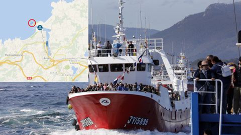 Un crculo rojo marca en el mapa el lugar donde se fue a pique el Serenn, que en la fotografa aparece participando en la procesin martima de Celeiro del 2019