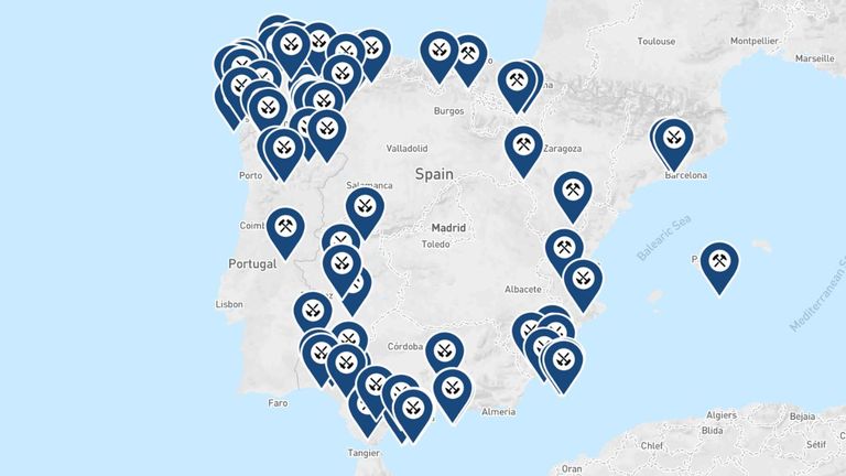 Mapa del Observatorio Ibérico de la Minería (Minob) con el número de minas «ilegales» que hay en España.