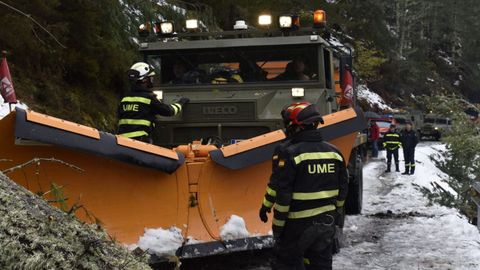 Los efectivos realizan trabajos de corte con motosierra de rboles cados para as poder despejar las vas con ayuda de las cuas