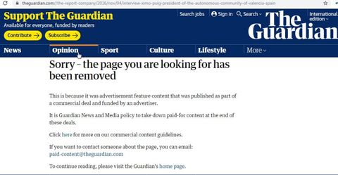 Aviso en la web de The Guardian de que el «contenido publicitario» ha sido retirado (en alusión a la entrevista con Ximo Puig)