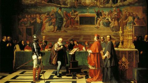 Por continuar defendiendo el heliocentrismo a pesar de ser advertido hace ahora 400 aos, en 1633 Galileo fue juzgado por la Inquisicin, obligado a abjurar, y condenado a permanecer en arresto domiciliario hasta el fin de sus das (Galileo ante el Santo Oficio, cuadro de Robert-Fleury)