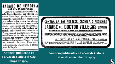 Anuncios de jarabe con herona publicados por La Voz de Galicia en el 1904 y el 1905.