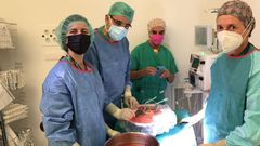 De izquierda a derecha, los cirujanos Maria Quiros e Ignacio Rivas (cirujanos) y las enfermeras Meri Blanco e Isabel Lpez (enfermeras), equipo del Chuac de A Corua que realiz el primer trasplante de hgado utilizando el dispositivo de preservacin del rgano fuera del cuerpo