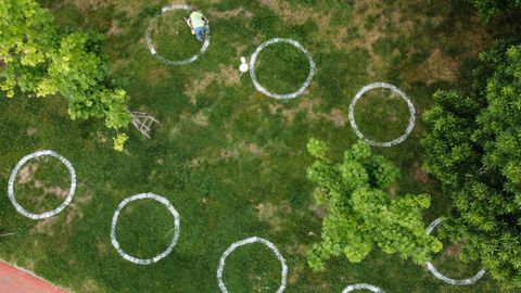 Un trabajador municipal pinta círculos en el césped de un parque de Turquía