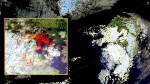 Imagen de la nube salida del volcn de La Palma captada por el sistema de satlites europeo Coprnico