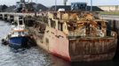 El buque Nehir, en el puerto de El Musel, en Gijon, reflotado tras dos años hundido. Los investigadores lo inspeccionaron para encontrar las 1,6 toneladas de cocaína que la tripulación aseguró que permanecían en el interior tras hundir el barco frente a las costas de A Mariña.