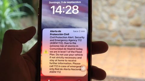 Mensaje de alerta que recibió este domingo la población de la Comunidad de Madrid