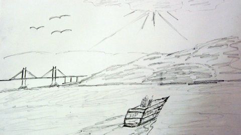 El mar. El puente de Rande, la costa soleada y un barco con su estela. Inspiracin marina para Elena Muoz.