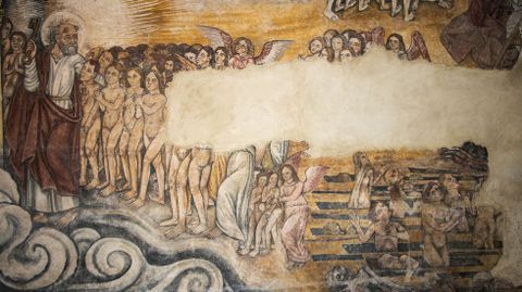 San Pedro gua al cielo las almas de los bienaventurados, en una de las pinturas del muro norte 