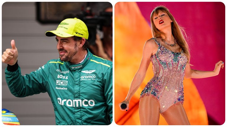 El piloto de Aston Martin Fernando Alonso y la cantante estadounidense Taylor Swift
