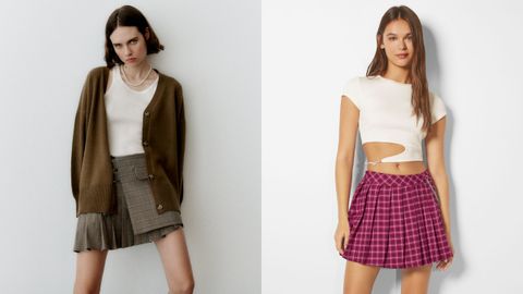 Dos faldas de colegiala en Zara, a la izquierda, y Bershka, a la derecha