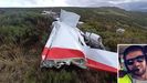 Los restos del avión contra incendios que despegó de Galicia y se estrelló en una zona montañosa de Porto, Zamora. En la esquina inferior derecha, el piloto fallecido, Santiago Durán