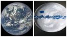 A la izquierda la imagen de la Tierra tomada por los astronautas del Apolo 17. A la derecha aspecto que tendra el planeta en el perodo Criognico