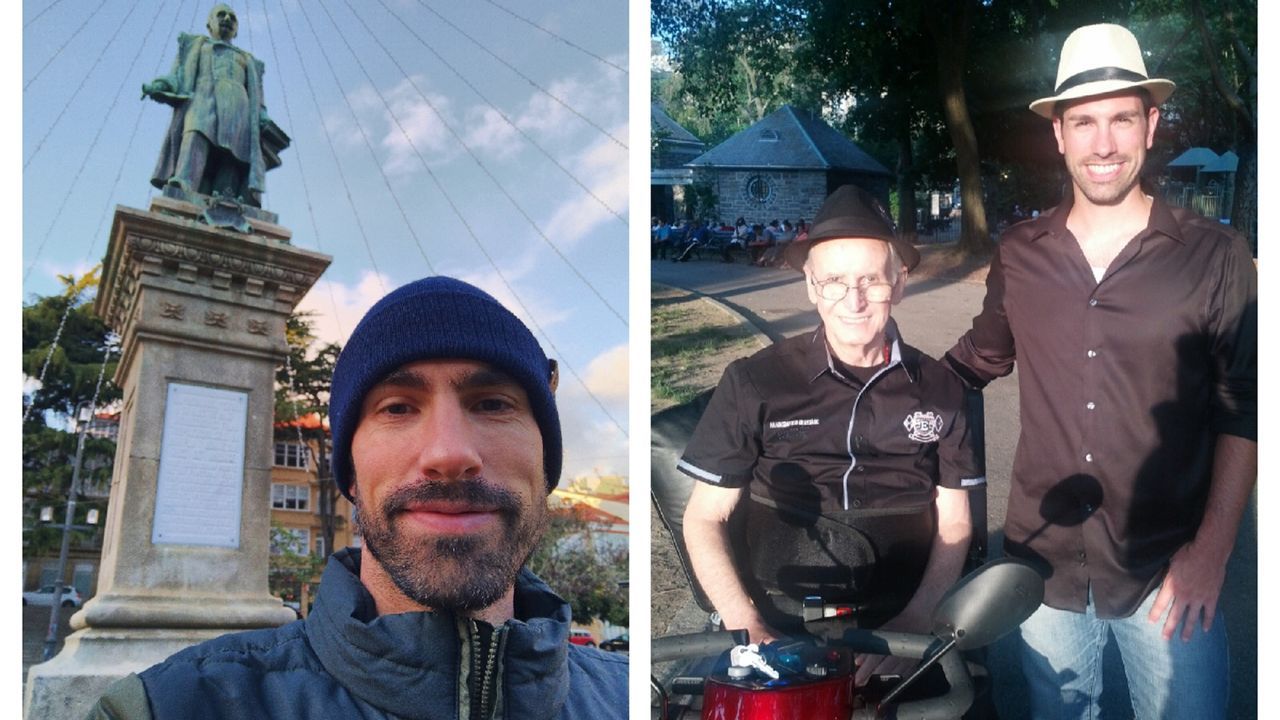 Las escuelas nacidas del dinero de la emigración.A la izquierda, Ramón Harvey Plá delante de la estatua de su tatarabuelo, y a la dercha, con su padre, Felipe Plá, bisnieto del marqués de Amboage