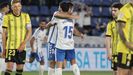 Pomares y Aitor Sanz celebran uno de los goles del Tenerife al Real Oviedo