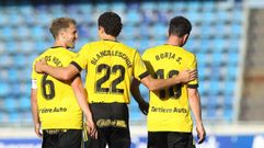 gol Blanco Leschuk Tenerife Real Oviedo Heliodoro Rodriguez Lopez.Carlos Hern�ndez y Borja S�nchez felicitan a Blanco Leschuk por su gol ante el Tenerife