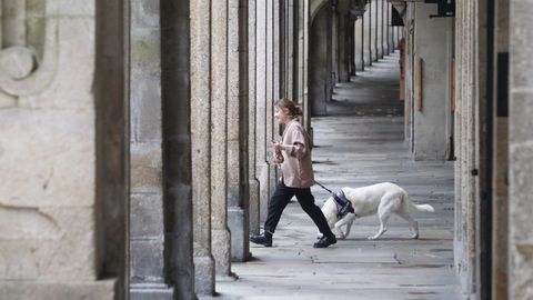Una vecina de Santiago saca de paseo a su perro este domingo en el casco histrico